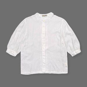 70s 80s Aquascutum アクアスキュータム 襟レース うずまき デザイン 半袖 七分袖 シャツ ブラウス 10/ビンテージ/古着/C-OS 332