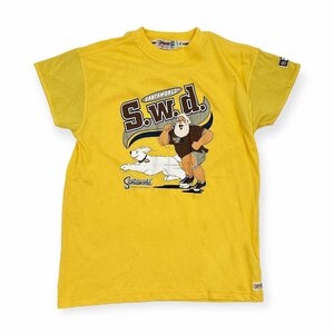 BIG print *Santaword sun ta world Cara print design cotton short sleeves T-shirt cut and sewn L size / yellow group / men's old clothes 