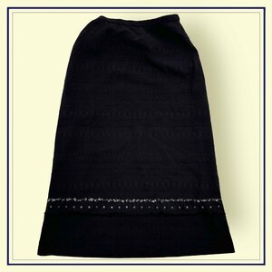 GOODデザイン!!◆Leilian レリアン ウール混 レース風刺繍デザイン ジャガード ロングスカート サイズ 9/黒 ブラック レディース 日本製