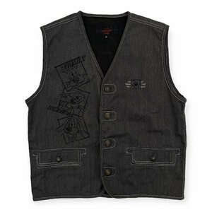 Jean Louis Fradet キャラ刺繍入り 裏メッシュ ベスト ジレ ジャケット Mサイズ / ダークグレー 系 メンズ