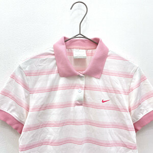 ゴルフ◆NIKE GOLF ナイキゴルフ DRI-FIT ロゴ刺繍入り ボーダー 半袖 ドライ ポロシャツ Mサイズ / ピンク ホワイト レディース