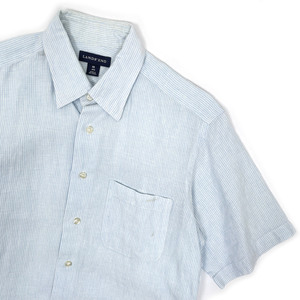  flax 100%*LANDS' END Ran z end button down BD stripe short sleeves shirt shirt M / light blue men's gentleman linen