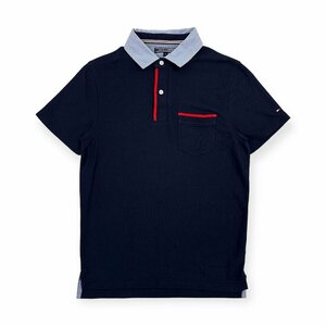 TOMMY HILFIGER トミーヒルフィガー Slim Fit 襟ストライプ 鹿の子 半袖 ポロシャツ S/ネイビー メンズ