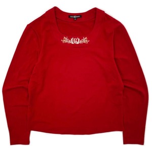 ラインストーン付◆VALENZA SPORTS バレンザスポーツ 上品刺繍 ストレッチ 長袖Tシャツ カットソー 40 / 赤 レッド レディース 日本製