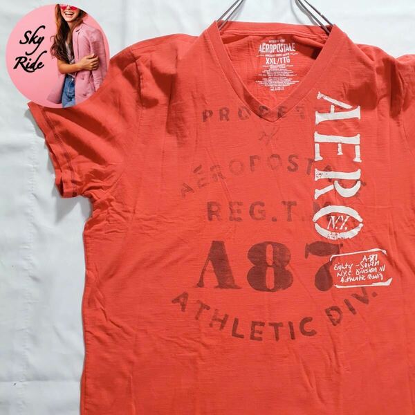 AEROPOSTALE エアロポステール メンズ A87 英字 デカロゴ プリント ヴィンテージ Vネック Tシャツ 半袖Tシャツ レッド XXL 古着 #MA0495