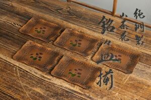 純銅製 山茶花 銘々皿 5客 木箱付き 茶器 茶道具 煎茶道具 銅製品 Ap1814