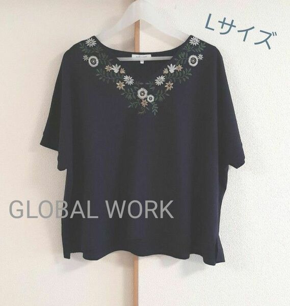 GLOBAL WORK 花刺繍VネックTシャツ(L)