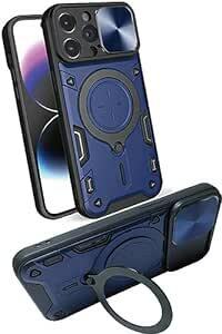 カメラ保護 ケース iPhone 14 Pro 対応 青 リング付き スライド カバー スタンド 耐衝撃 アイフォン14 プロ 用