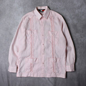【D'accord】メキシコ製 リネン100％ 長袖キューバシャツ 4ポケット リネンシャツ ピンク Mサイズ アメリカ古着