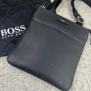 1円【新品未使用】入手困難品 ヒューゴボス HUGO BOSS ショルダーバッグ サコッシュ 斜め掛け メンズ レザー シボ革 本革 ブラック