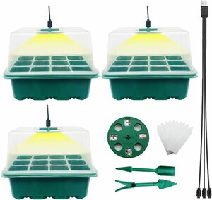 3個セット-8 LEDライト付 育苗ポット植物育成ライト付き 育苗トレイ 育苗箱 12穴 3個セット 高くする透明カバー 種子トレ