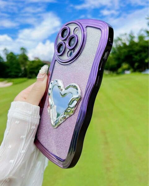 韓国 iPhoneケース パープル 紫 ミラー 鏡 キラキラ ラメ ウェーブ