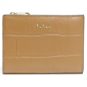 極美品FURLAフルラ 二つ折り財布 コンパクト財布 クロコ型押しレザー ライトブラウン
