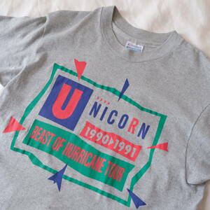 90s【 UNICORN 】ユニコーン BEST OF HURRICANE TOUR 1990 - 1991 ツアー Tシャツ / グレー 灰 / L / ビンテージ USA製