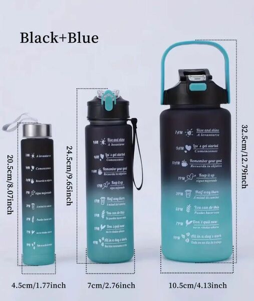 【セール中】３本セット【ブラック×グリーン】黒×青緑のグラデーション　ウォーターボトル　メモリ付き タイムマーカー付き　水筒