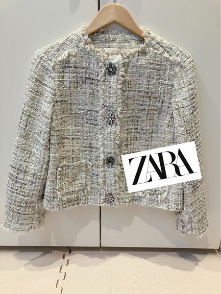 美品　zara ザラ　ツイード　ビジュー　ジャケット　白　ピンク　ラメ　L ノーカラー フォーマル 長袖