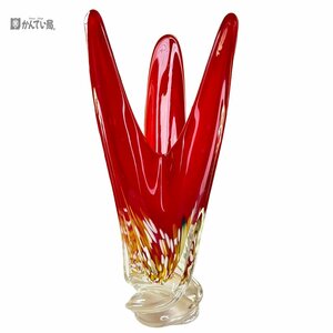 ガラス製 花瓶 フラワーベース 花器 赤 レッド 炎 重量感あり インテリア アンティーク 芸術品 高さ約36cm