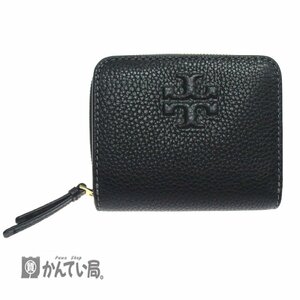 極美品 TORY BURCH トリーバーチ コンパクト 二つ折り 財布 ブラック 小銭入れあり ホック式 型押し ロゴ シンプル レディース 黒