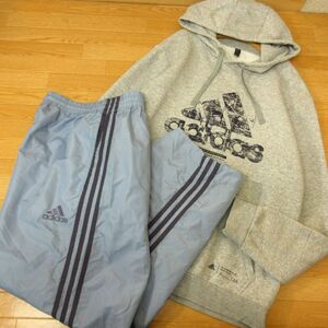 ◎使用少なめ！XL 上下セット！adidas アディダス◆パーカー&ナイロンパンツ◆メンズ グレーx水色◆B4257