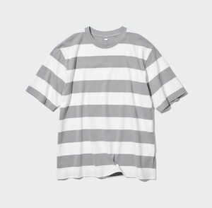 ユニクロ UNIQLO M グレー オーバーサイズボーダーTシャツ(5分袖) 半袖 ボーダー ホワイト クルーネック