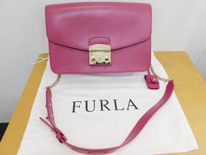 （中古美品）Furla フルラ　メトロポリス　レザー チェーン ショルダーバッグ　ピンク系 