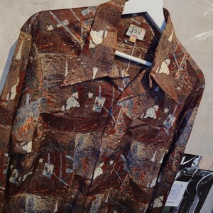 Jax ENRO　７０年代長袖柄シャツ　Mサイズ　ナイロン　ブラウン　2851 総柄 長袖 ビンテージ