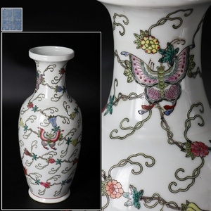 【宙】中国古玩 景徳鎮窯 花蝶文花入 高30cm 色絵 花瓶 花器 壺 飾壷 置物 アンティーク C5JI13.l.C