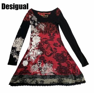 中古 デシグアル Desigual 長袖 Tシャツ ワンピース 黒×赤 花柄 レース レディース Lサイズ