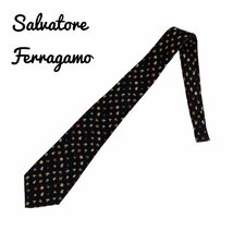 中古 サルヴァトーレフェラガモ Salvatore Ferragamo ネクタイ マルチカラー 黒 シルク イタリア製 メンズ_画像1