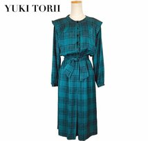 中古 ユキトリイ YUKI TORII 長袖 ワンピース チェック柄 緑 レトロクラシック レディース Mサイズ 相当_画像1