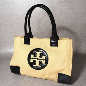 4-TD023 トリーバーチ Tory Burch キャンバス×パテントレザー ハンドバッグ 手提げ 鞄 ライトブラウン/ブラック レディース