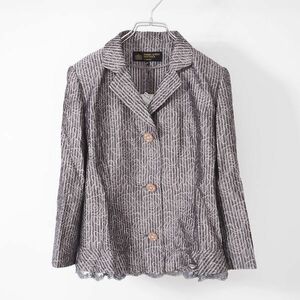 4-TD088【極美品】ハーディ エイミス HARDY AMIES ピュアシルク ジャケット 裾レース グレー 43 レディース