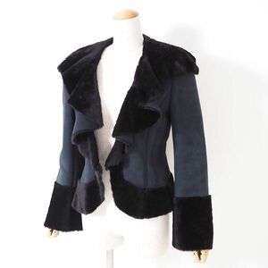 4-ZDF280O OGAWA AKIKO high class fur car - ring ram leather frill mouton half coat navy 40 lady's 