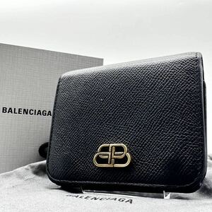 2355【付属品付き・近年モデル】BALENCIAGA バレンシアガ 三つ折り財布 コンパクト ウォレット BBメタルロゴ ゴールド金具 レザー 本革