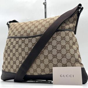 2373【極美品】GUCCI グッチ ショルダーバッグ サコッシュ ボディバッグ 斜め掛け GG柄 ロゴ キャンバス レザー 本革 メンズ