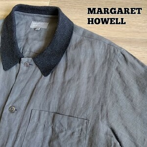マーガレットハウエル　半袖シャツ　リネン　メンズ　サイズ S　グレー　MARGARET HOWELL　MHL　麻　襟コットン　日本製　a22