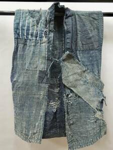 紙布織物　古裂　古布　No208　珍品時代物　襤褸　藍染　紙布野良着　紙糸と木綿糸の布　東北地方　アンティーク　リメイク　