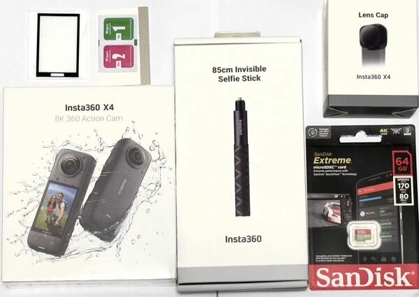 新品未開封 insta360 X4 新型消える自撮り棒 レンズキャップ microSDカード ガラスフィルム 5点セット