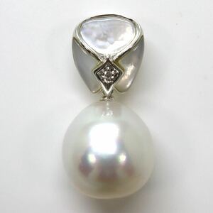  gorgeous!!{K18WG south . White Butterfly pearl / natural diamond / shell pendant top }M 5.4g 0.01ct diamond jewelry pendant DD9/DE0