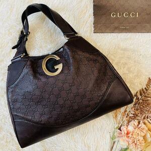 美品＊GUCCI グッチ ハンドバッグ トート ggシマ 肩掛け A4 大容量 金具 ダークブラウン brown レザー 革 PC パソコン 仕事 型番 シリアル