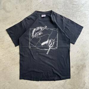 80's M.C. Escher USA製 &#34;Drawing Hands&#34; Print T-shirt L フェード