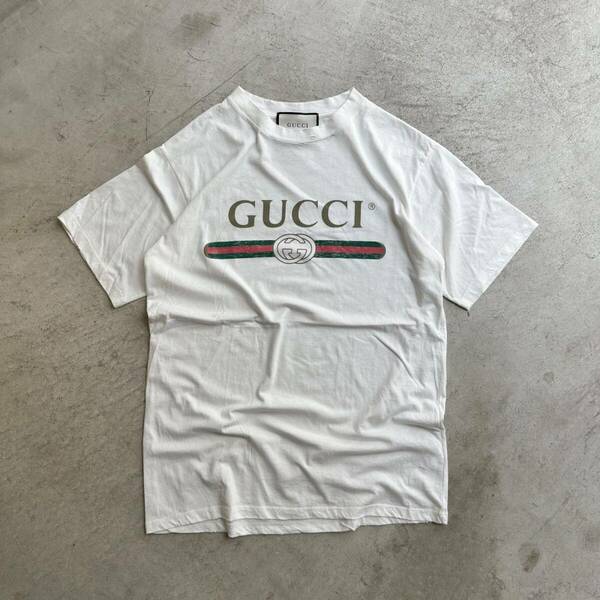 グッチ GUCCI 17SS ロゴ ウォッシュド オーバーサイズ Tシャツ ヴィンテージ加工 プリント 半袖 白 ホワイト