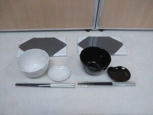 ☆ロックなペア丼セット 白黒 ZEN STUDIO 小丼&箸&プレート 陶磁器 未使用品