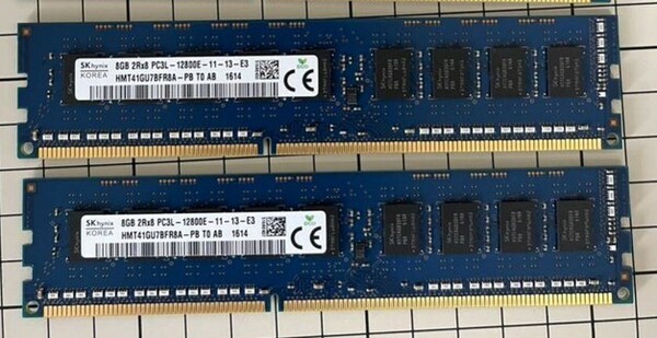 【動作確認済】SK Hynix DDR3L-1600 16GB (8GB×2枚) PC3L-12800E デスクトップ用メモリ ECC Unbuffered DIMM 240Pin DDR3 低電圧対応★0