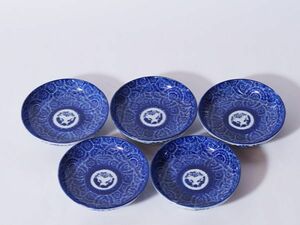 【陵】ra55sm12r　明治印判　松竹梅紋　膾皿　5客　・工芸品・　検）染付　なます皿　古伊万里　有田　久谷　取皿　丸皿　