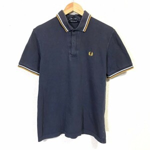 H8011dL イングランド製 FRED PERRY フレッドペリー サイズ101cm 40 (L位) 半袖ポロシャツ 鹿の子 ネイビー 紺色 メンズ 古着 イギリス製