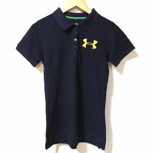 H8240gg UNDER ARMOUR｜アンダーアーマー サイズLG 半袖ポロシャツ ネイビー レディース 黄色ロゴ ブランド名刺繍 襟 バックギャザー