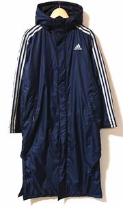 H8268gg adidas｜アディダス サイズL ベンチコート ロングコート 防寒 ネイビー メンズ サッカー あたたかい 応援 フード付き アウター