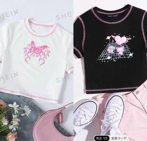 SHEIN EZwear 漫画グラフィック コントラストステッチ Tシャツ 半袖Tシャツ 白 ピンク　黒　シーイン　ブラック