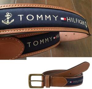 【既決USA】トミーヒルフィガー★TOMMY HILFIGER@完売【TOMMY HILFIGER】ロゴ入本革 ベルト【TH Men's RIBBON INLAY BELT】KhakixNavy@US42